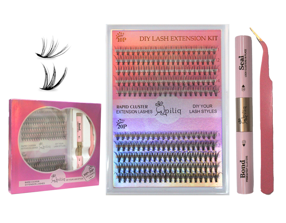 KIT DE PESTAÑAS PILIQ C/ PEGAMENTO Y PINZA 10P+20P